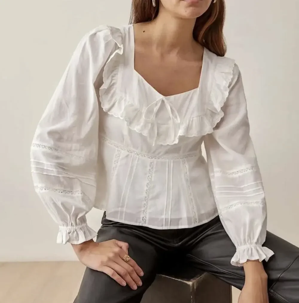Reformation Belden Top Ruffle Puff Sleeve Square Neck White Small Cottagecore